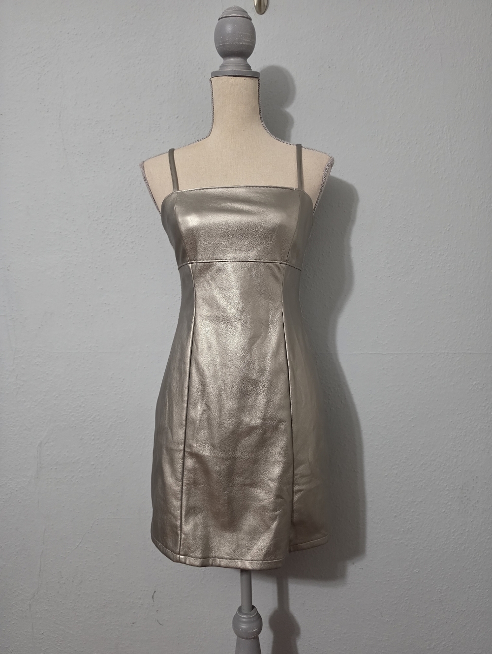 Kirious Pewter Metallic Spagetti Strap A Line Mod Style Faux Leather Dress NWT M